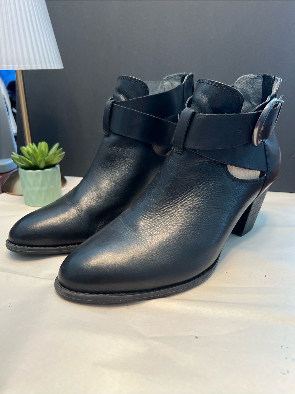 Vionic Black Leather Ankle Booties with Buckle Accent
